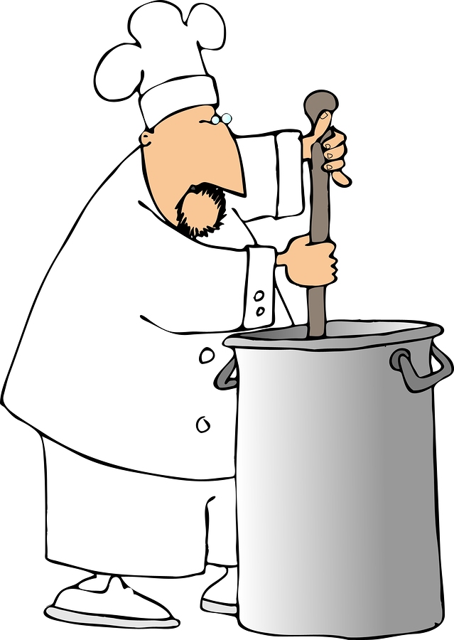 this illustration depicts a chef stirring a stockpot.